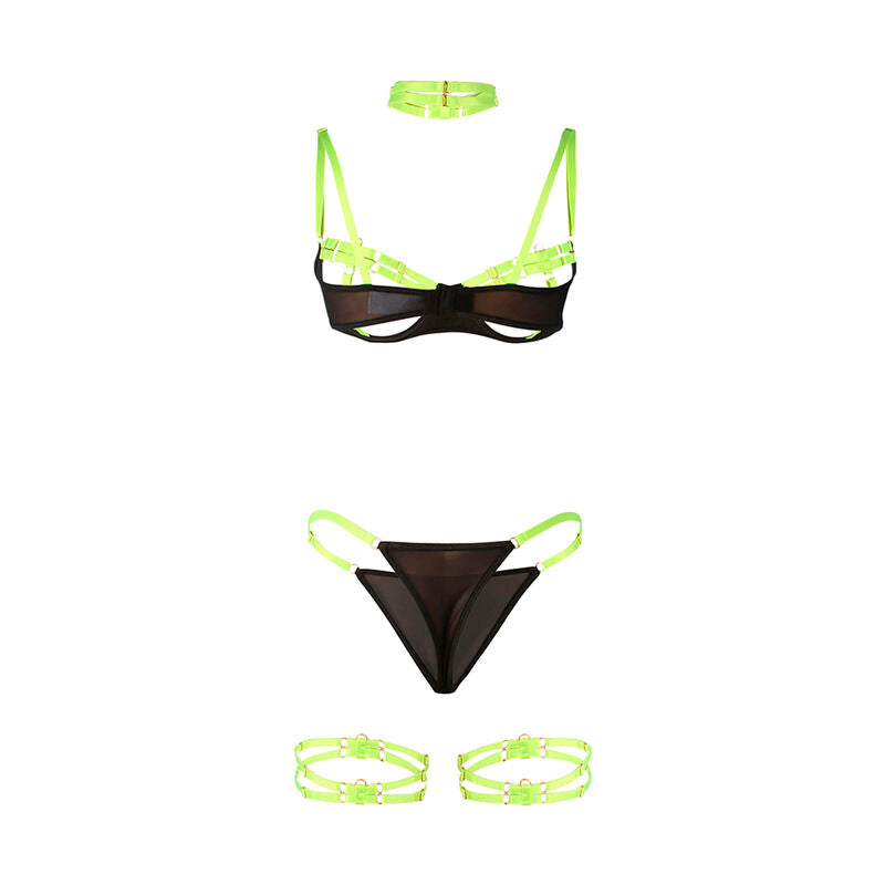 SUBBLIME - 955274 COMPLETO REGGISENO CON COLLANA E DETTAGLI GAMBA VERDE FLUORESCENTE S/M - SUBBLIME SETS | Lingerie Harness Boutique