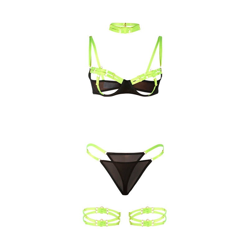 SUBBLIME - 955274 COMPLETO REGGISENO CON COLLANA E DETTAGLI GAMBA VERDE FLUORESCENTE S/M - SUBBLIME SETS | Lingerie Harness Boutique