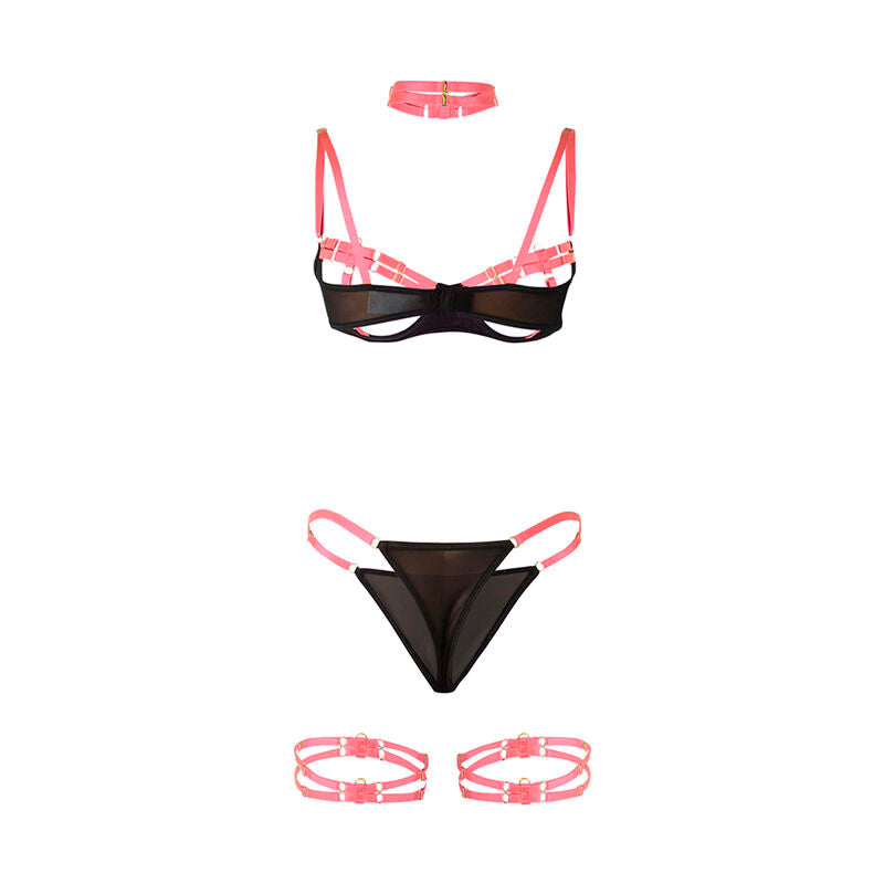 SUBBLIME - 955298 COMPLETO REGGISENO CON COLLANA E DETTAGLI GAMBA ROSA FLUO S/M - SUBBLIME SETS | Lingerie Harness Boutique