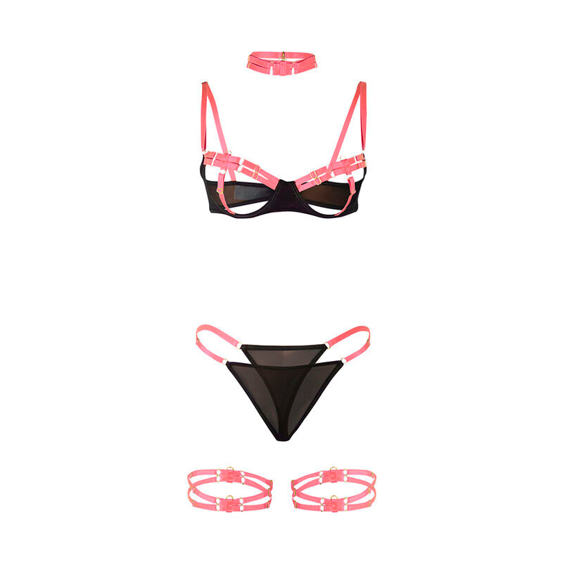 SUBBLIME - 955298 COMPLETO REGGISENO CON COLLANA E DETTAGLI GAMBA ROSA FLUO S/M - SUBBLIME SETS | Lingerie Harness Boutique