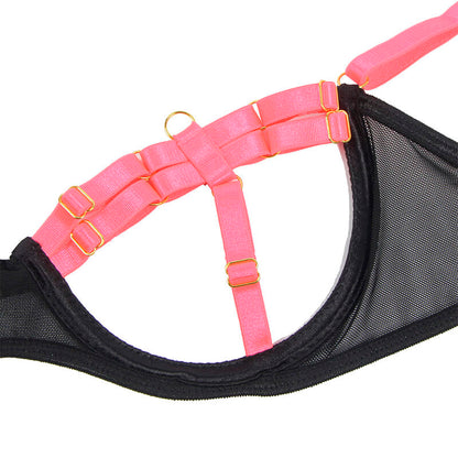 SUBBLIME - 955304 COMPLETO REGGISENO CON COLLANA E DETTAGLI GAMBA ROSA FLUO L/XL - SUBBLIME SETS | Lingerie Harness Boutique