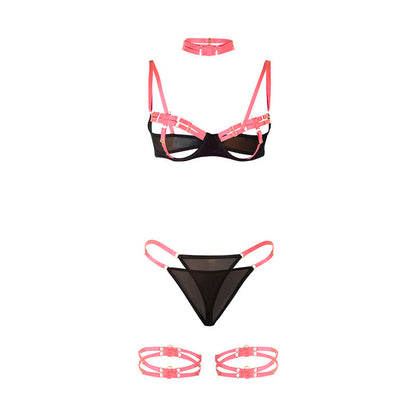SUBBLIME - 955304 COMPLETO REGGISENO CON COLLANA E DETTAGLI GAMBA ROSA FLUO L/XL - SUBBLIME SETS | Lingerie Harness Boutique