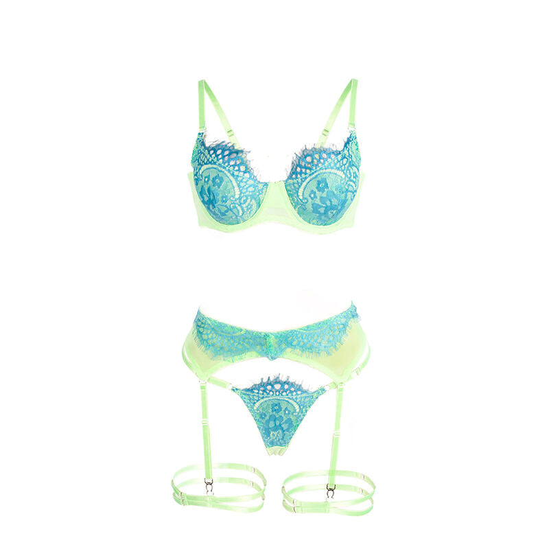 SUBBLIME - 955311 COMPLETO REGGISENO CON PIZZO E LINEE GIARRETRICI VERDE E BLU S/M - SUBBLIME SETS | Lingerie Harness Boutique