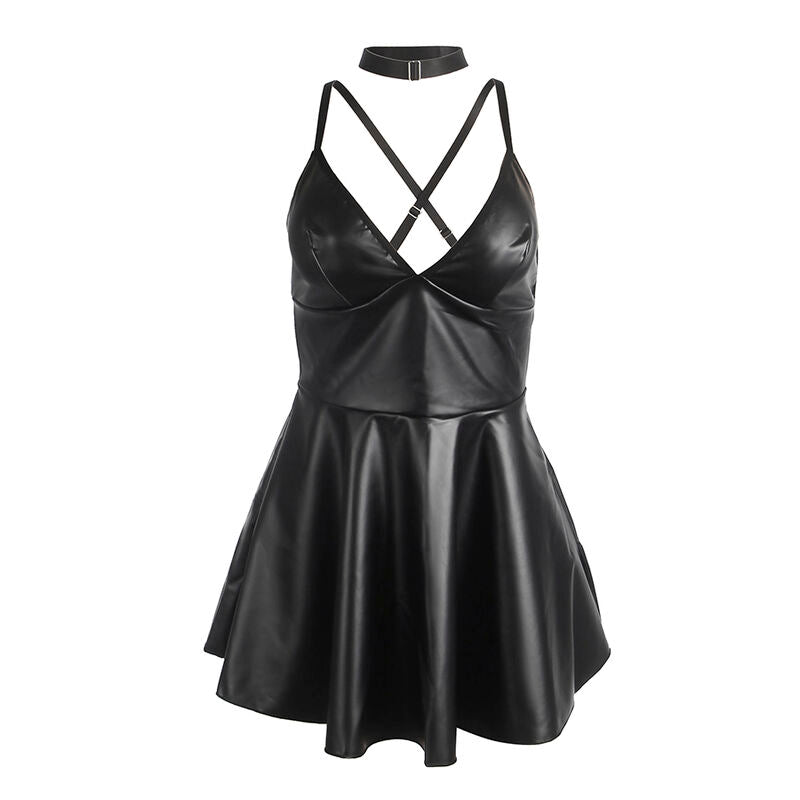 SUBBLIME - 955380 ABITO CON SPALLINE IN PELLE NERA L/XL - SUBBLIME DRESSES | Lingerie Harness Boutique