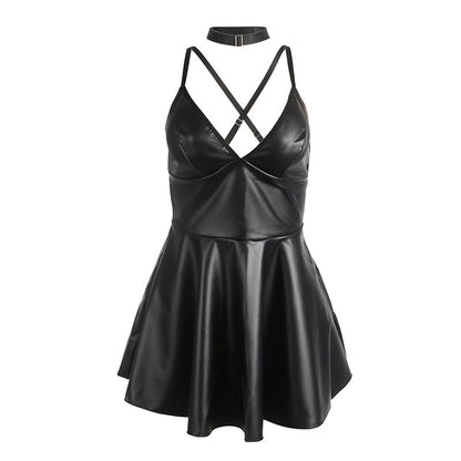 SUBBLIME - 955380 ABITO CON SPALLINE IN PELLE NERA L/XL - SUBBLIME DRESSES | Lingerie Harness Boutique