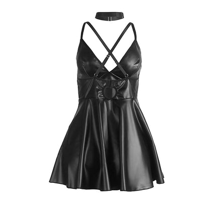 SUBBLIME - 955380 ABITO CON SPALLINE IN PELLE NERA L/XL - SUBBLIME DRESSES | Lingerie Harness Boutique