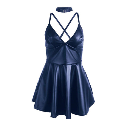 SUBBLIME - 955410 ABITO CON SPALLINE IN PELLE BLU S/M - SUBBLIME DRESSES | Lingerie Harness Boutique