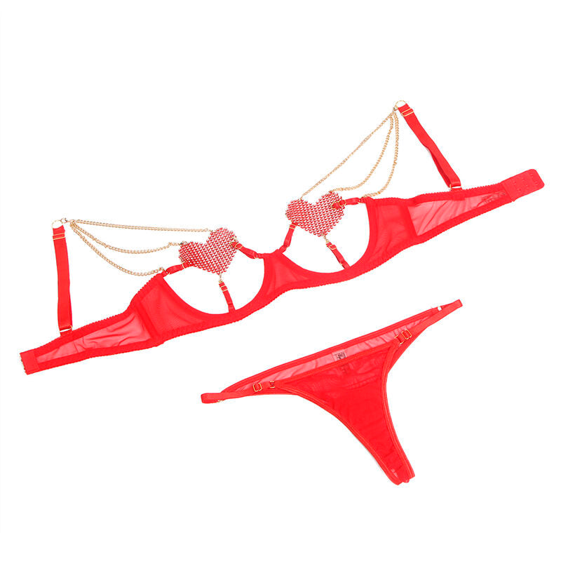 SUBBLIME - 955519 COMPLETO REGGISENO CON CATENE E CUORE IN RETE ROSSO S/M - SUBBLIME SETS | Lingerie Harness Boutique