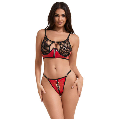 SUBBLIME - 955533 REGGISENO IN VERNICE ROSSA CON CERNIERA E REGGISENO A RETINO S/M - SUBBLIME SETS | Lingerie Harness Boutique