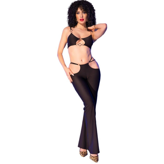 CHILIROSE - CR 4851 SET TOP E LEGGINGS NERI CON ACCESSORI DORATI L - CHILIROSE SETS | Lingerie Harness Boutique