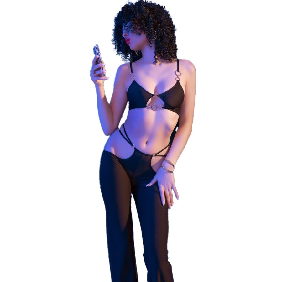 CHILIROSE - CR 4851 SET TOP E LEGGINGS NERI CON ACCESSORI DORATI L - CHILIROSE SETS | Lingerie Harness Boutique