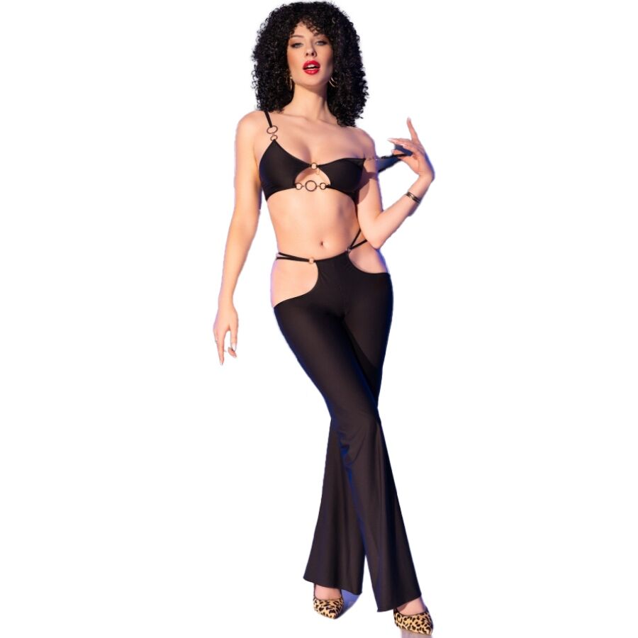 CHILIROSE - CR 4851 SET TOP E LEGGINGS NERI CON ACCESSORI DORATI L - CHILIROSE SETS | Lingerie Harness Boutique