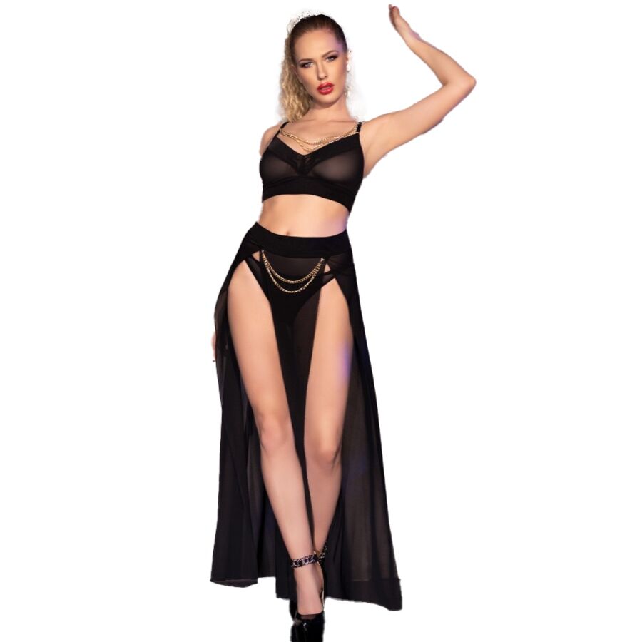 CHILIROSE - CR 4672 GONNA TOP NERA E PERIZOMA CON CATENE ORO XL - CHILIROSE SETS | Lingerie Harness Boutique