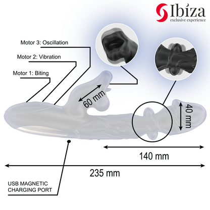 IBIZA - VIBRATORE E STIMOLATORE CLITORIDEO CON EFFETTO MORSO E ROTAZIONE - IBIZA TECHNOLOGY | Lingerie Harness Boutique