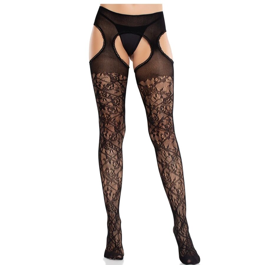 LEG AVENUE - CALZE IN PIZZO FLOREALE CON GIARRETTIERE UNITED BLACK - LEG AVENUE HOSIERY | Lingerie Harness Boutique