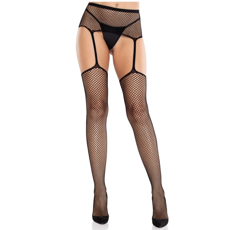 LEG AVENUE - CALZE IN PIZZO CON CROCE E CINTURA REGGICALZE NERE - LEG AVENUE HOSIERY | Lingerie Harness Boutique