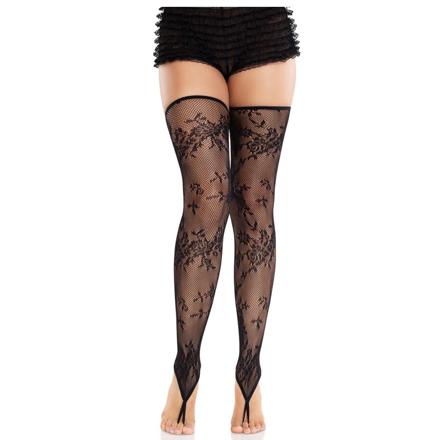 LEG AVENUE - CALZE SENZA PIEDE IN PIZZO FLOREALE NERE - LEG AVENUE HOSIERY | Lingerie Harness Boutique