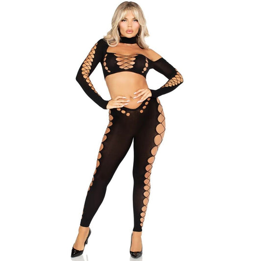 LEG AVENUE - TOP CORTO E LEGGINGS CUT-OUT SENZA CUCITURE NERO - LEG AVENUE SETS | Lingerie Harness Boutique
