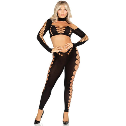 LEG AVENUE - TOP CORTO E LEGGINGS CUT-OUT SENZA CUCITURE NERO - LEG AVENUE SETS | Lingerie Harness Boutique