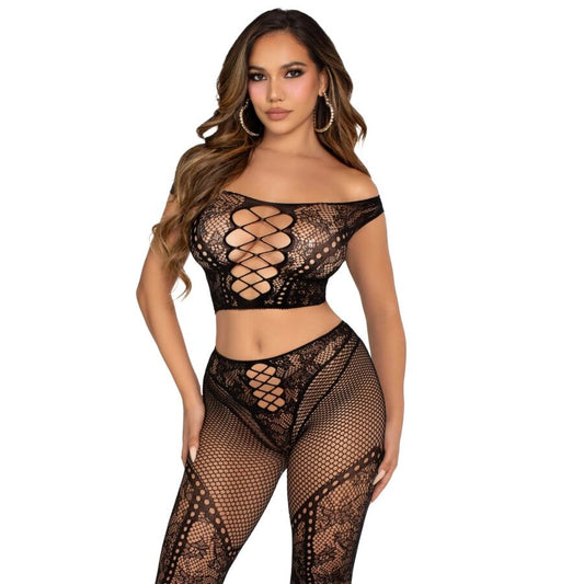 LEG AVENUE - CROP TOP E LEGGING A RETE CON SPALLE SCOPERTE NERO - LEG AVENUE SETS | Lingerie Harness Boutique