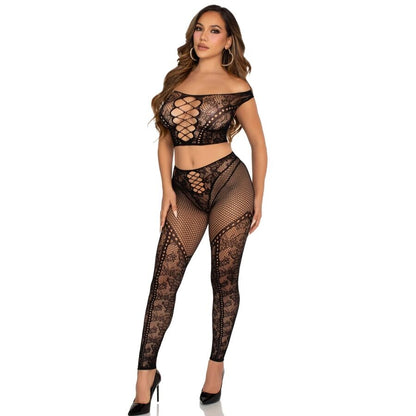 LEG AVENUE - CROP TOP E LEGGING A RETE CON SPALLE SCOPERTE NERO - LEG AVENUE SETS | Lingerie Harness Boutique