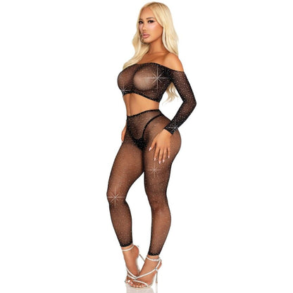 LEG AVENUE - CROP TOP E LEGGING A RETE CON STRASS NERO - LEG AVENUE SETS | Lingerie Harness Boutique