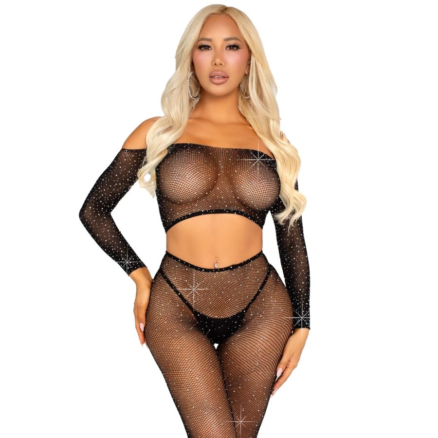 LEG AVENUE - CROP TOP E LEGGING A RETE CON STRASS NERO - LEG AVENUE SETS | Lingerie Harness Boutique