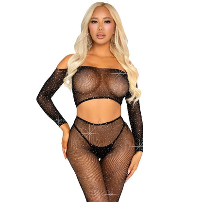 LEG AVENUE - CROP TOP E LEGGING A RETE CON STRASS NERO - LEG AVENUE SETS | Lingerie Harness Boutique