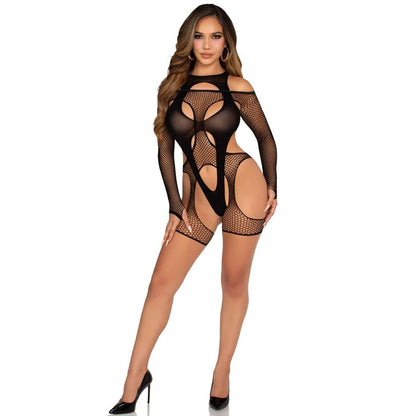 LEG AVENUE - BODYSTOCKING A RETE CON CINTURA E IMBRACATURA NERA - LEG AVENUE TEDDIES | Lingerie Harness Boutique