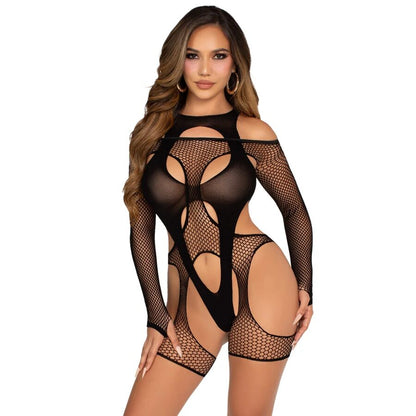 LEG AVENUE - BODYSTOCKING A RETE CON CINTURA E IMBRACATURA NERA - LEG AVENUE TEDDIES | Lingerie Harness Boutique