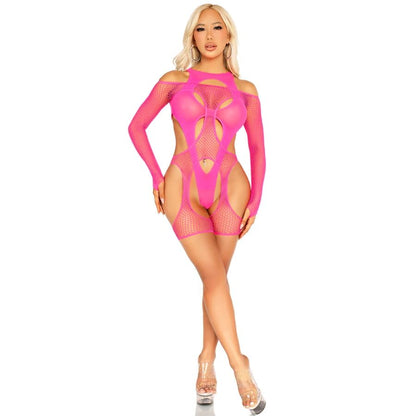 LEG AVENUE - BODYSTOCKING A RETE CON CINTURA E IMBRACATURA ROSA NEON - LEG AVENUE TEDDIES | Lingerie Harness Boutique