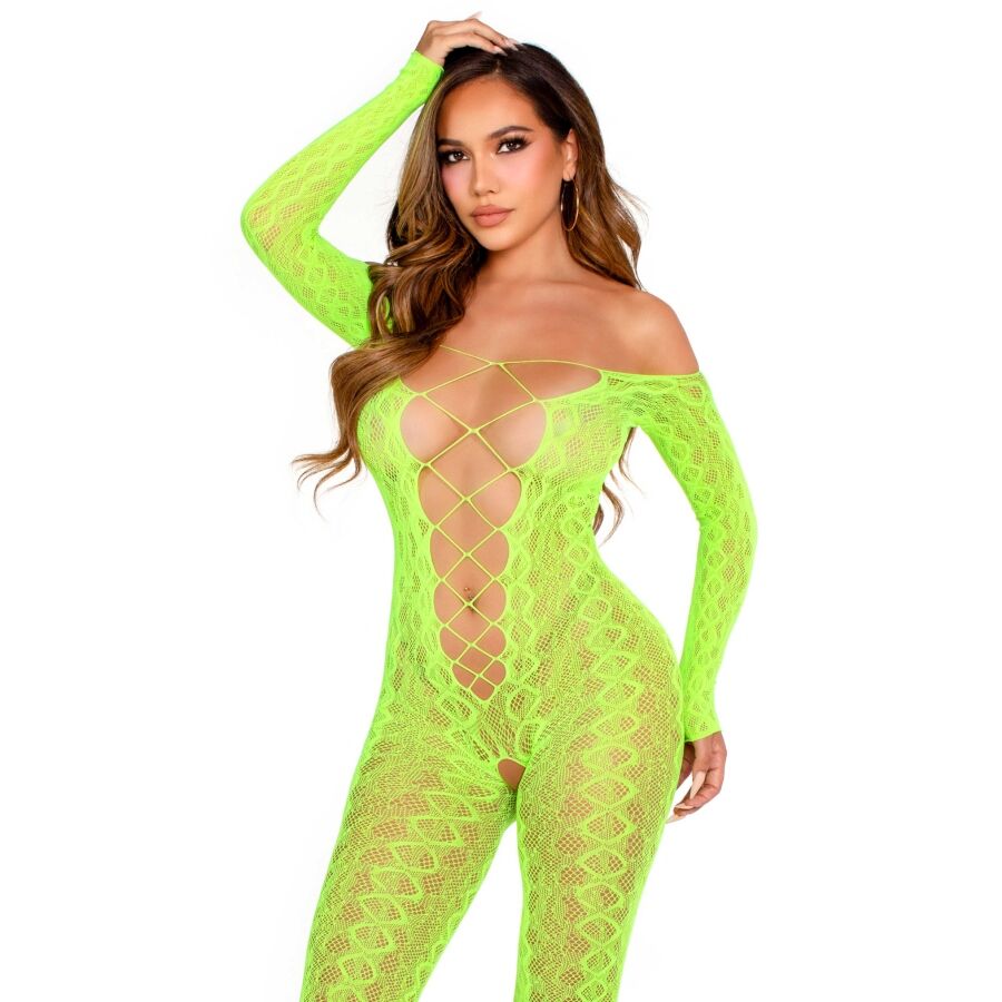 LEG AVENUE - BODYSTOCKING SENZA CAVALLO EXOTIC SNAKE LACE NEON GREEN - LEG AVENUE BODYSTOCKINGS | Lingerie Harness Boutique