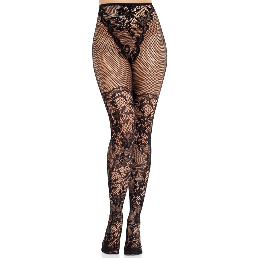 LEG AVENUE - CALZE IN PIZZO DAHLIA CON DETTAGLIO A RETE NERE - LEG AVENUE HOSIERY | Lingerie Harness Boutique