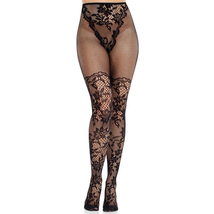 LEG AVENUE - CALZE IN PIZZO DAHLIA CON DETTAGLIO A RETE NERE - LEG AVENUE HOSIERY | Lingerie Harness Boutique