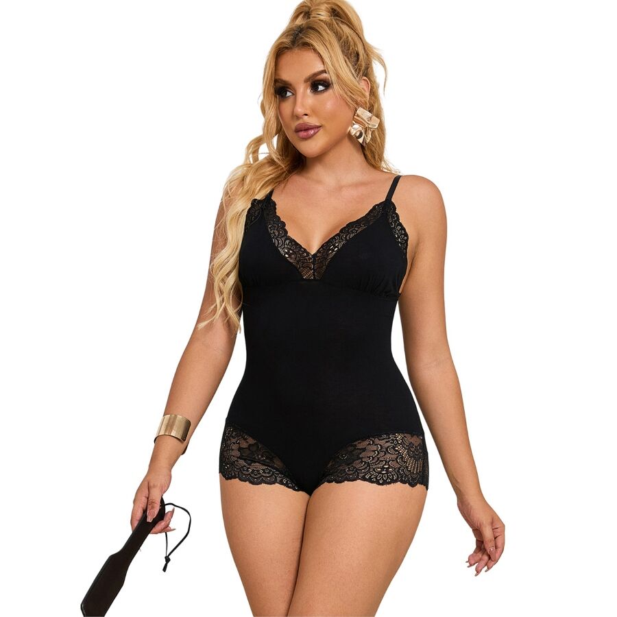 SUBBLIME - ORSACCHIOTTO CON DETTAGLI IN PIZZO FLOREALE NERO L/XL - SUBBLIME TEDDIES | Lingerie Harness Boutique