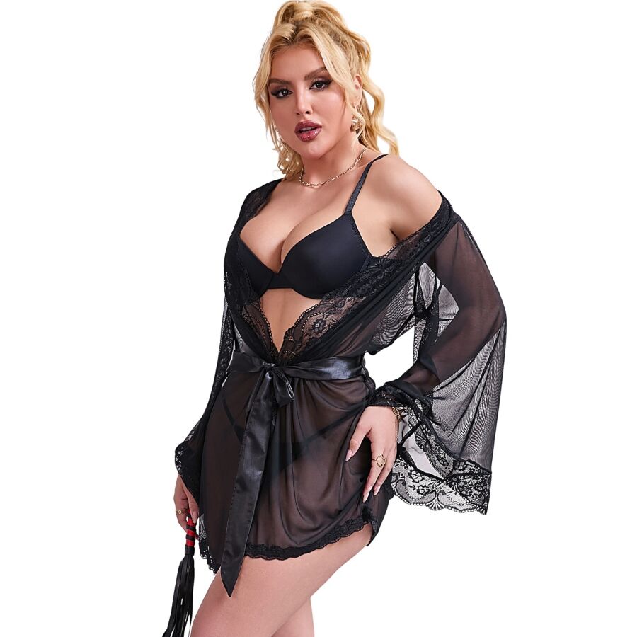 SUBBLIME - VESTAGLIA IN TESSUTO TRASPARENTE CON DETTAGLI IN PIZZO NERO L/XL - SUBBLIME BABYDOLLS | Lingerie Harness Boutique