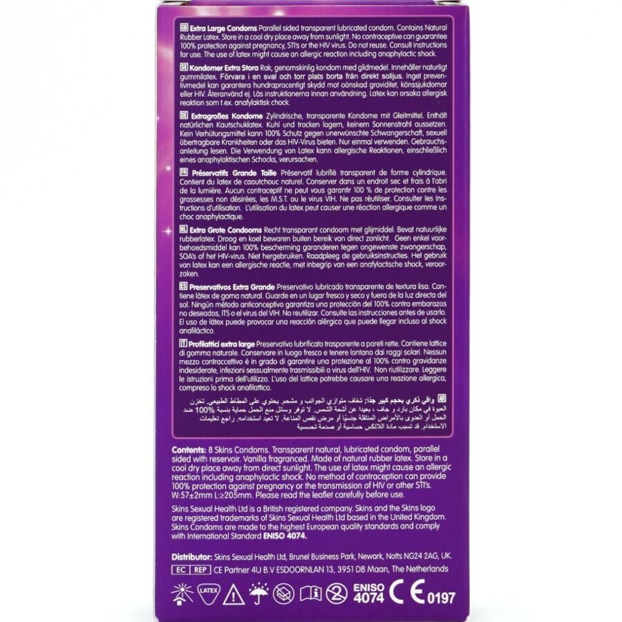 SKINS - PRESERVATIVI EXTRA LARGE PREMIUM CONFEZIONE DA 8 - SKINS | Lingerie Harness Boutique