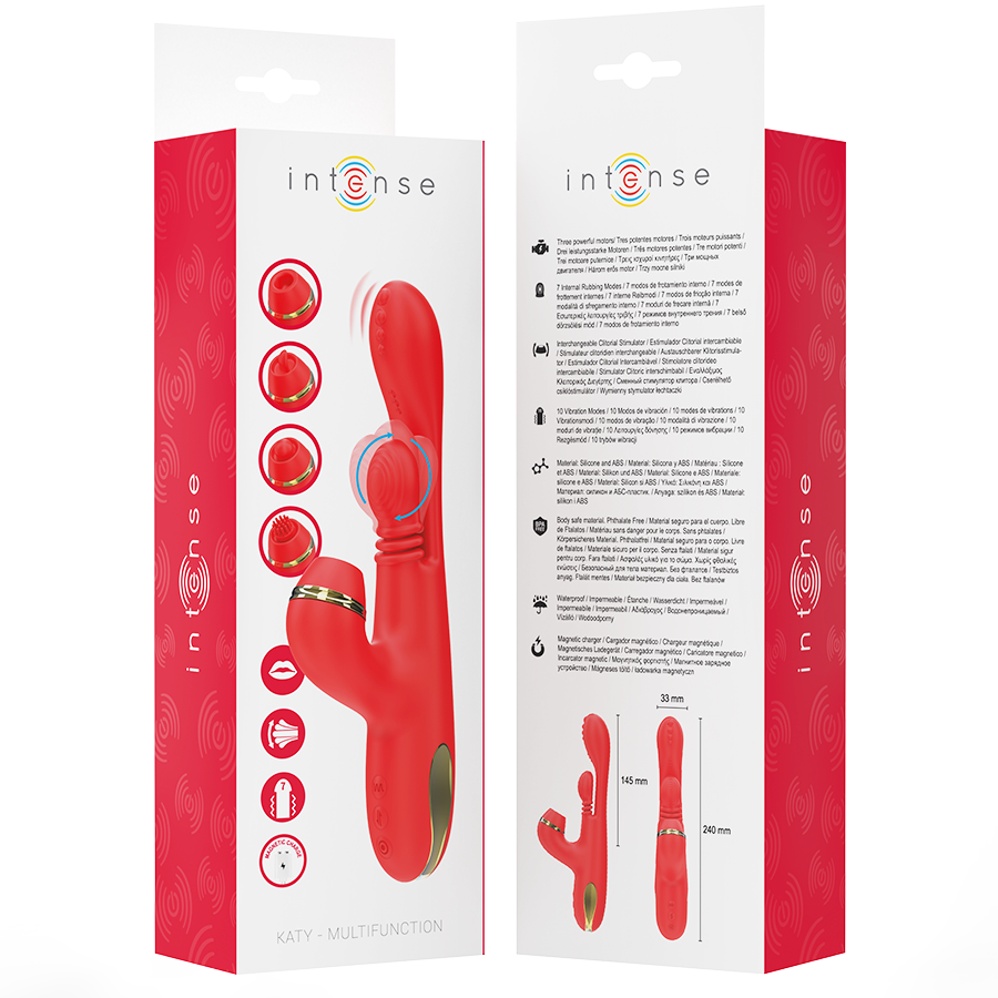 INTENSE - KATY STIMOLATORE CLITORIDEO MULTIFUNZIONE 4 TESTINE INTERCAMBIABILI ROSSO - INTENSE FUN | Lingerie Harness Boutique