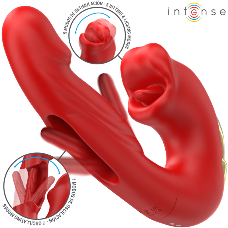 INTENSE - NATHY DOPPIO VIBRATORE CON BOCCA STIMOLANTE MULTIFUNZIONE ROSSO - INTENSE FUN | Lingerie Harness Boutique