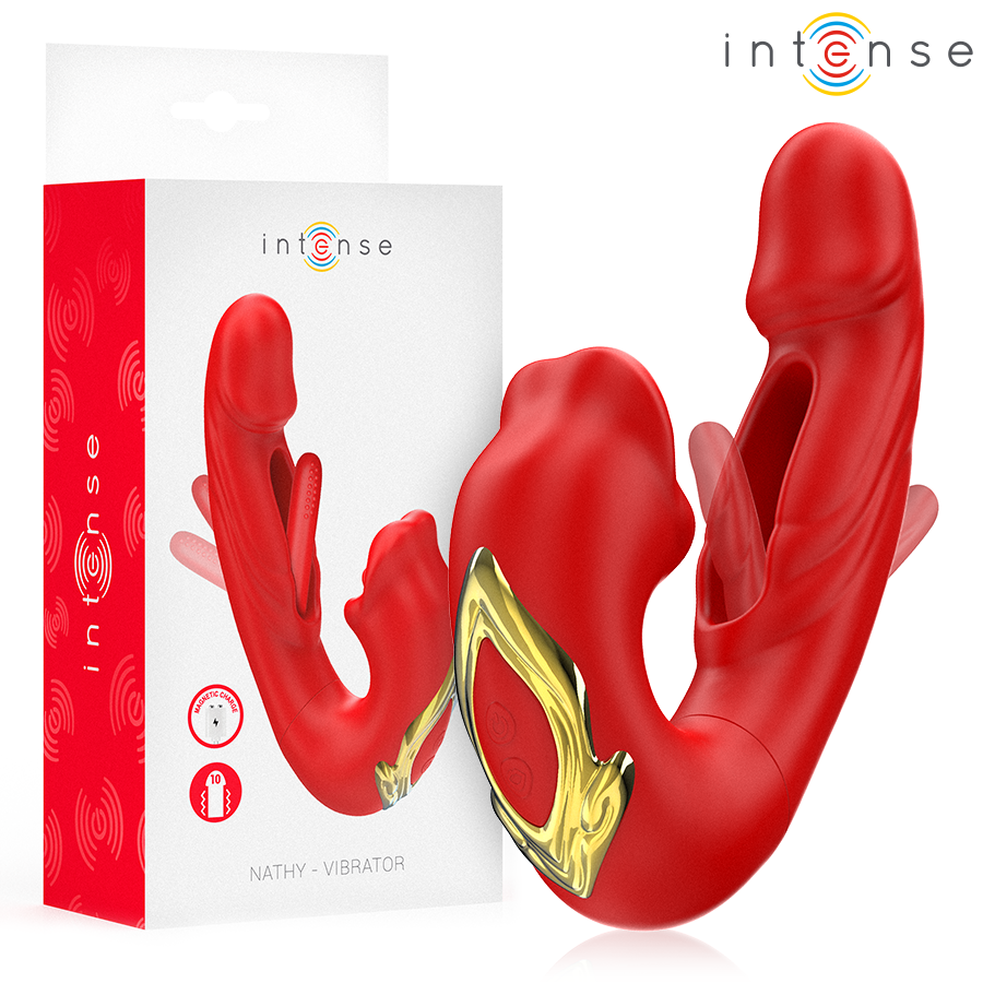 INTENSE - NATHY DOPPIO VIBRATORE CON BOCCA STIMOLANTE MULTIFUNZIONE ROSSO - INTENSE FUN | Lingerie Harness Boutique
