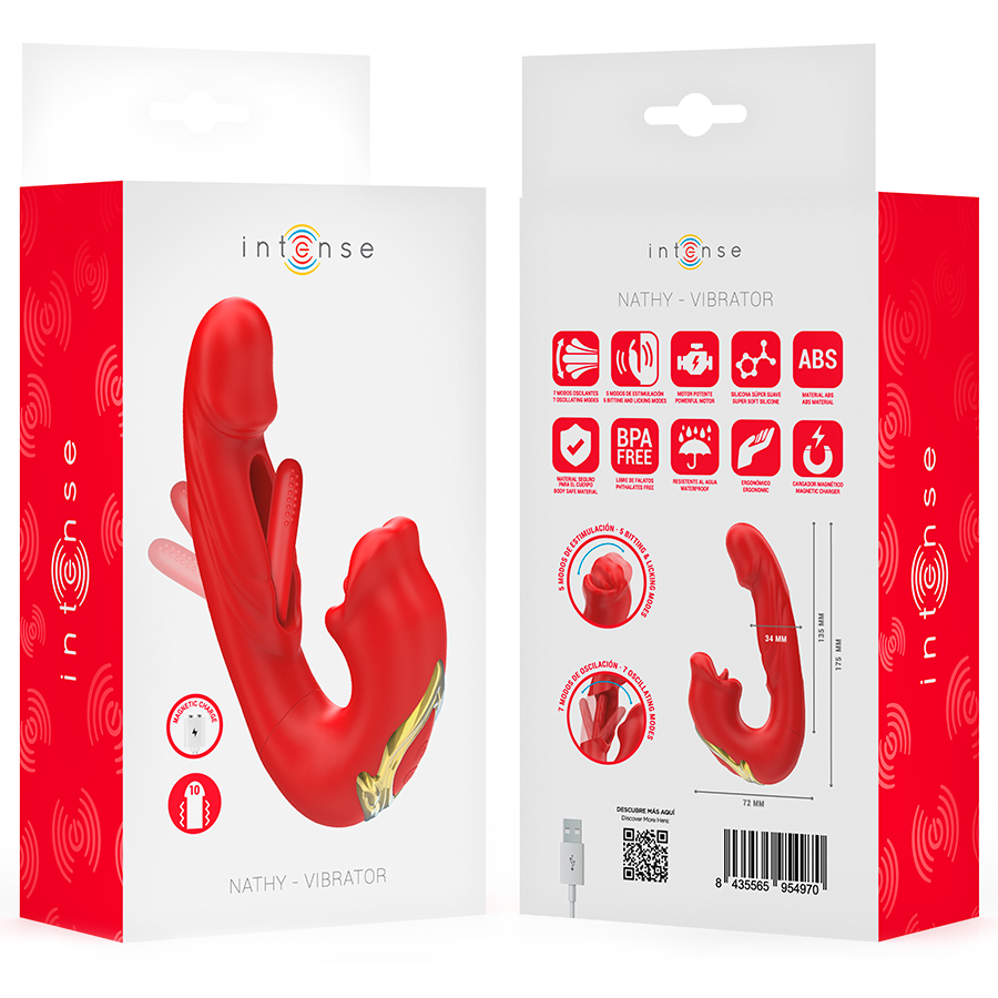 INTENSE - NATHY DOPPIO VIBRATORE CON BOCCA STIMOLANTE MULTIFUNZIONE ROSSO - INTENSE FUN | Lingerie Harness Boutique