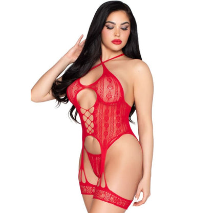 LEG AVENUE - 89338 BODY APERTO IN PIZZO CON CINTURINO E PERIZOMA ROSSO - TAGLIA UNICA - LEG AVENUE BODYSTOCKINGS | Lingerie Harness Boutique
