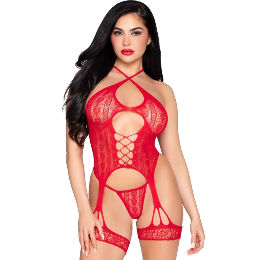 LEG AVENUE - 89338 BODY APERTO IN PIZZO CON CINTURINO E PERIZOMA ROSSO - TAGLIA UNICA - LEG AVENUE BODYSTOCKINGS | Lingerie Harness Boutique