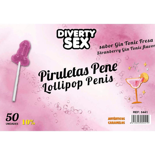DIABLO GOLOSO - 50 LECCA-LECCA A FORMA DI PENE GIN TONIC GUSTO FRAGOLA 10% ALCOOL - DIABLO GOLOSO | Lingerie Harness Boutique