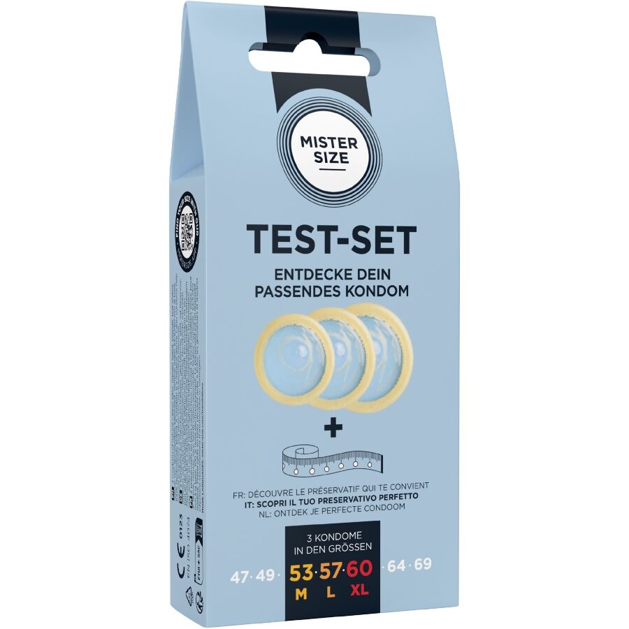 MISTER SIZE - SET DI PROVA 3 PRESERVATIVI DI MISURE DIVERSE + METRO A NASTRO - MISTER SIZE | Lingerie Harness Boutique