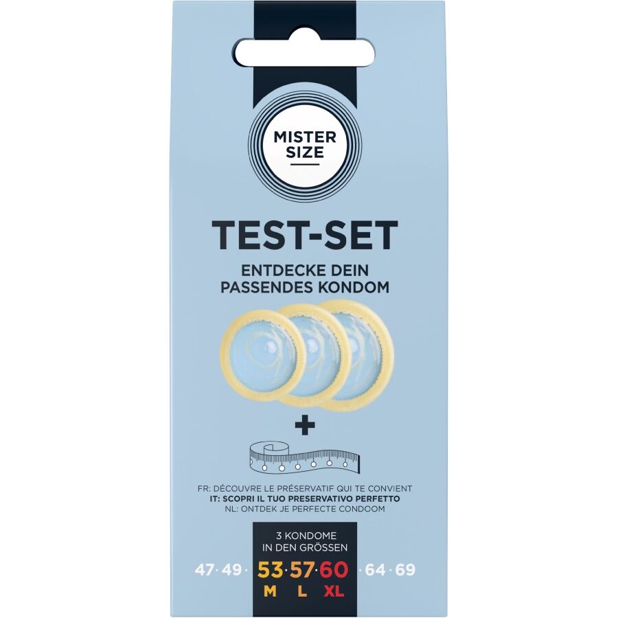 MISTER SIZE - SET DI PROVA 3 PRESERVATIVI DI MISURE DIVERSE + METRO A NASTRO - MISTER SIZE | Lingerie Harness Boutique