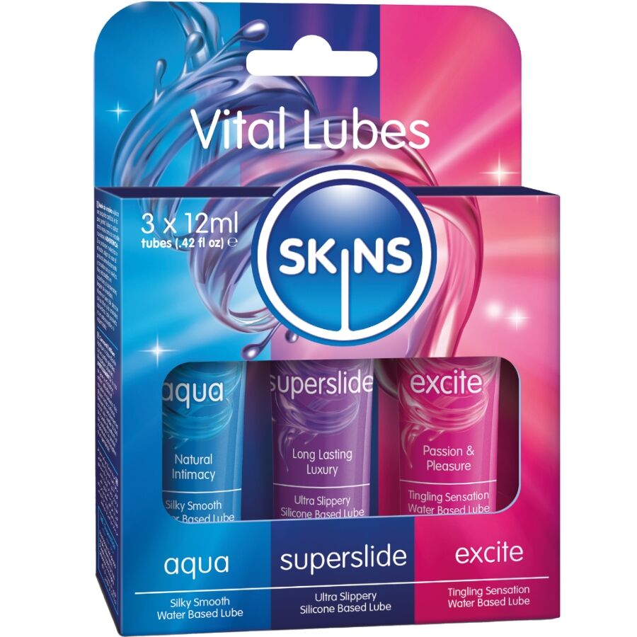 SKINS - KIT LUBRIFICANTI VITALI AQUA, SUPERSLIDE & EXCITE 3 x 12 ML - SKINS | Lingerie Harness Boutique