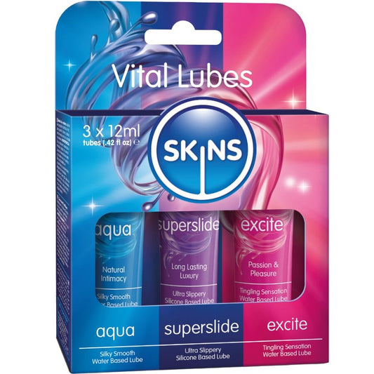 SKINS - KIT LUBRIFICANTI VITALI AQUA, SUPERSLIDE & EXCITE 3 x 12 ML - SKINS | Lingerie Harness Boutique