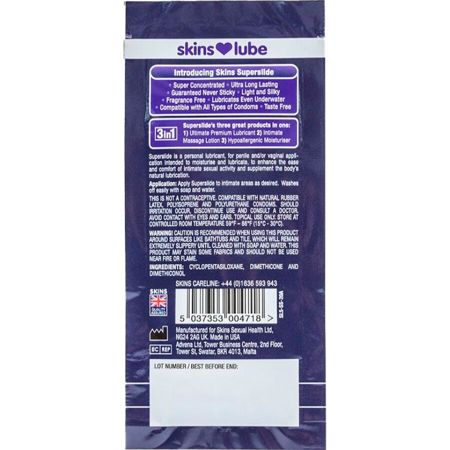 SKINS - SUPERSLIDE LUBRIFICANTE A BASE DI SILICONIO MONODOSE 5 ML - SKINS | Lingerie Harness Boutique