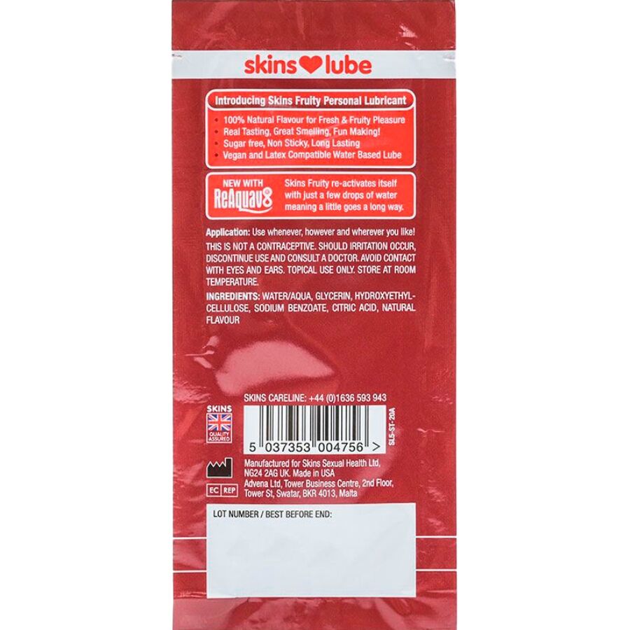 SKINS - LUBRIFICANTE FRUTTATO A BASE D'ACQUA FRAGOLA MONODOSE 5 ML - SKINS | Lingerie Harness Boutique